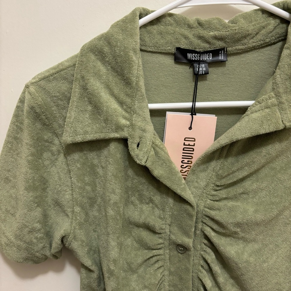 Green terrycloth toweling dress with ruched front